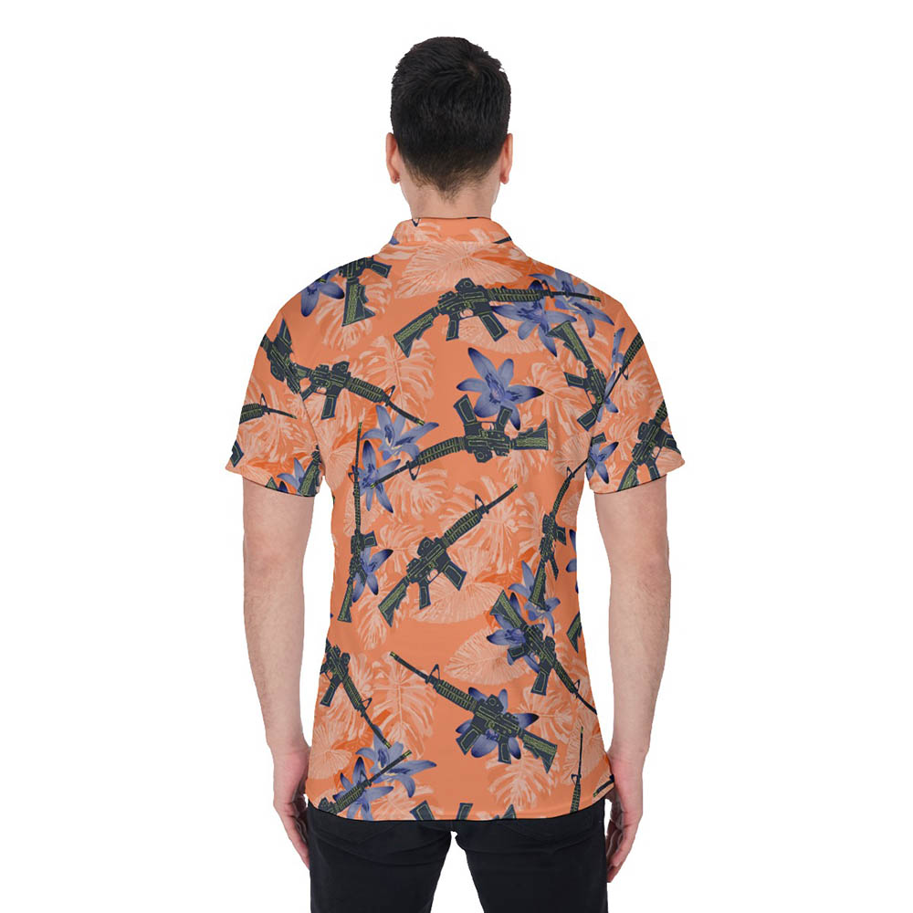 Cool Tactical Gun Floral Orange Men's Hawaiian Polo Shirt