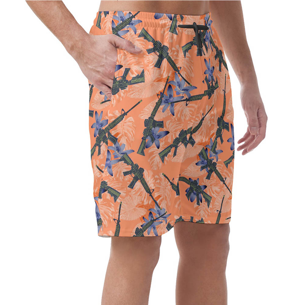 Floral Tactical Gun Orange Hawaiian Beach Shorts