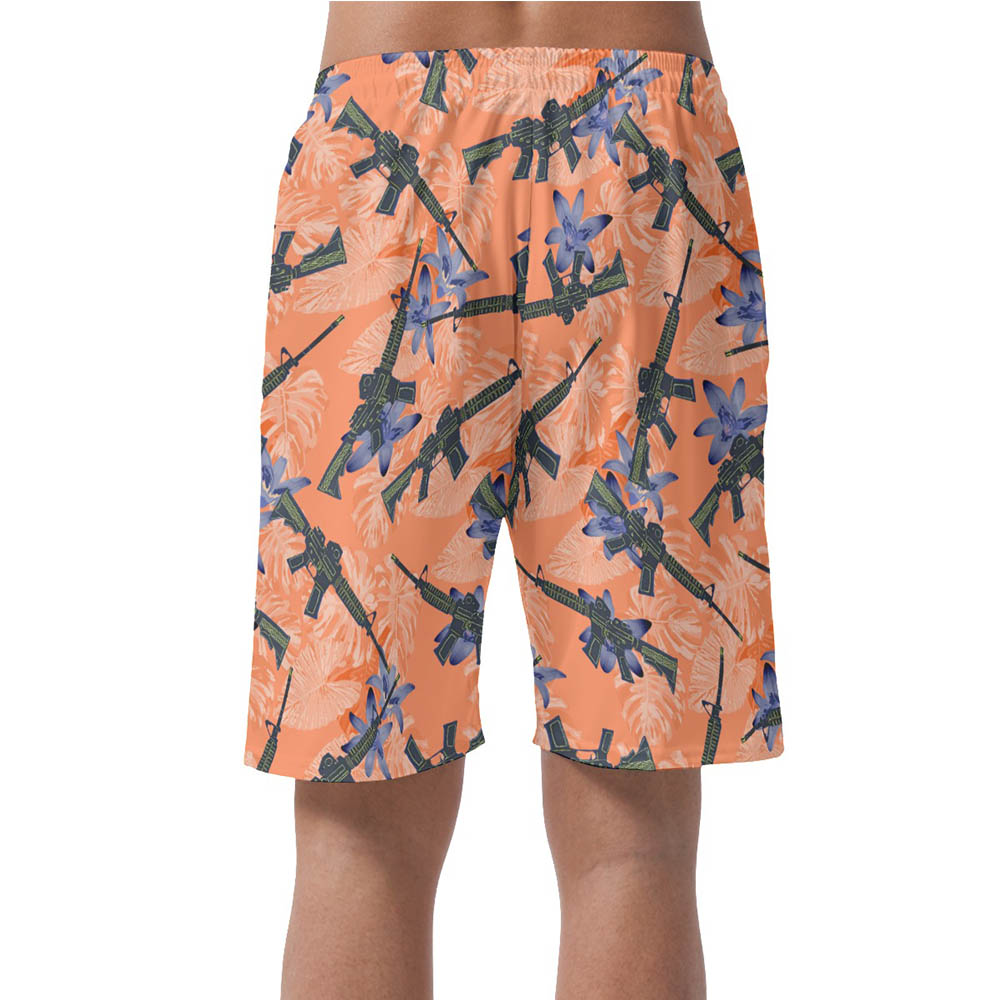 Floral Tactical Gun Orange Hawaiian Beach Shorts