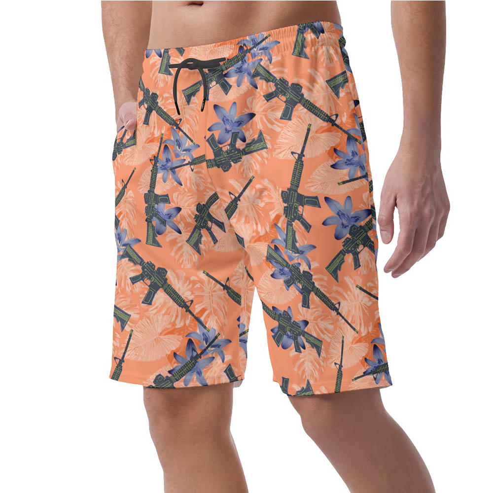 Floral Tactical Gun Orange Hawaiian Beach Shorts