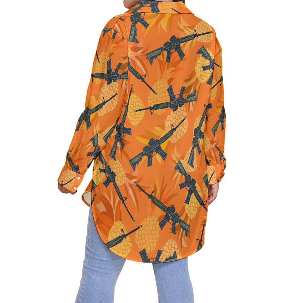 Orange Pineapple Tactical Gun Plus Size Aloha Shirt For Women
