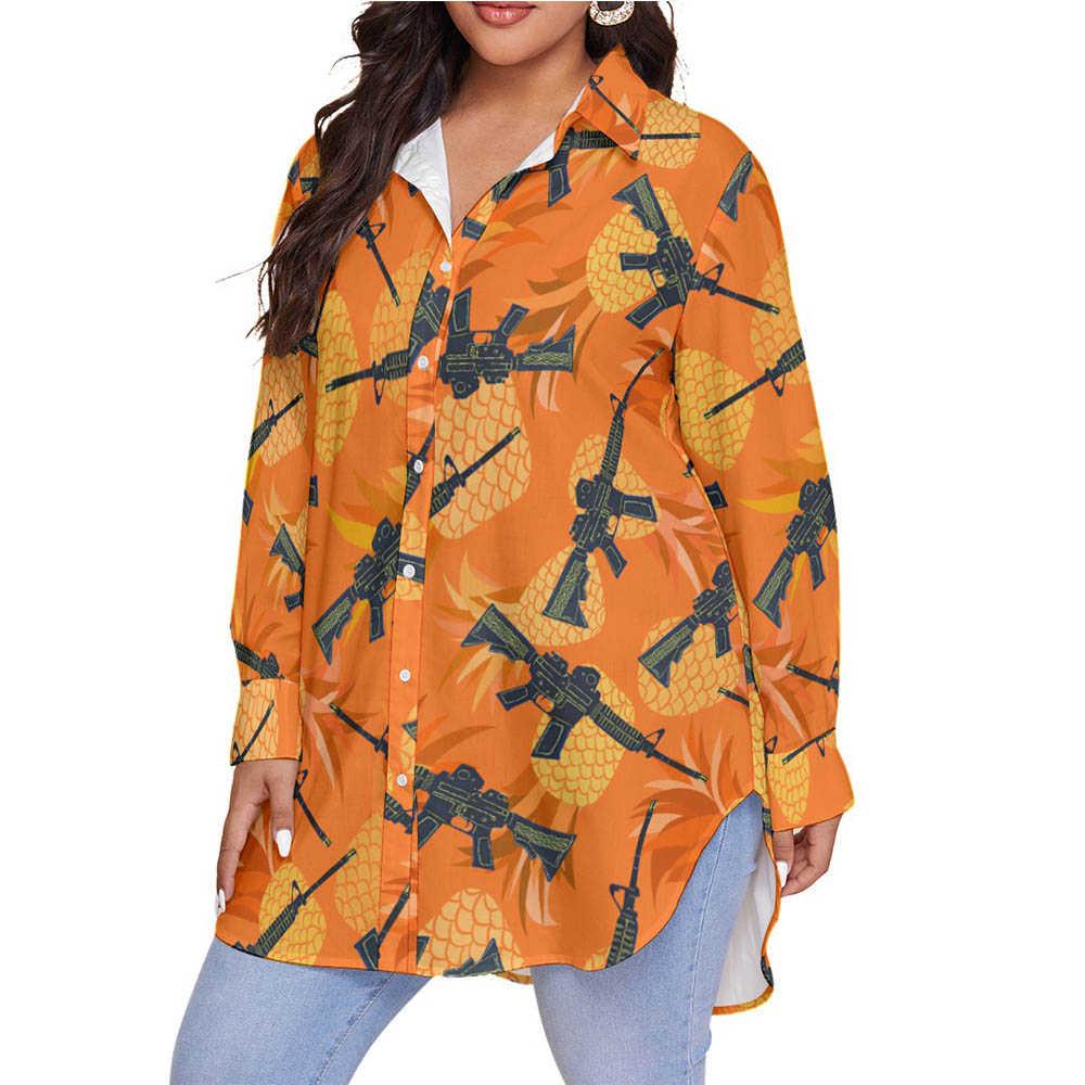 Orange Pineapple Tactical Gun Plus Size Aloha Shirt For Women
