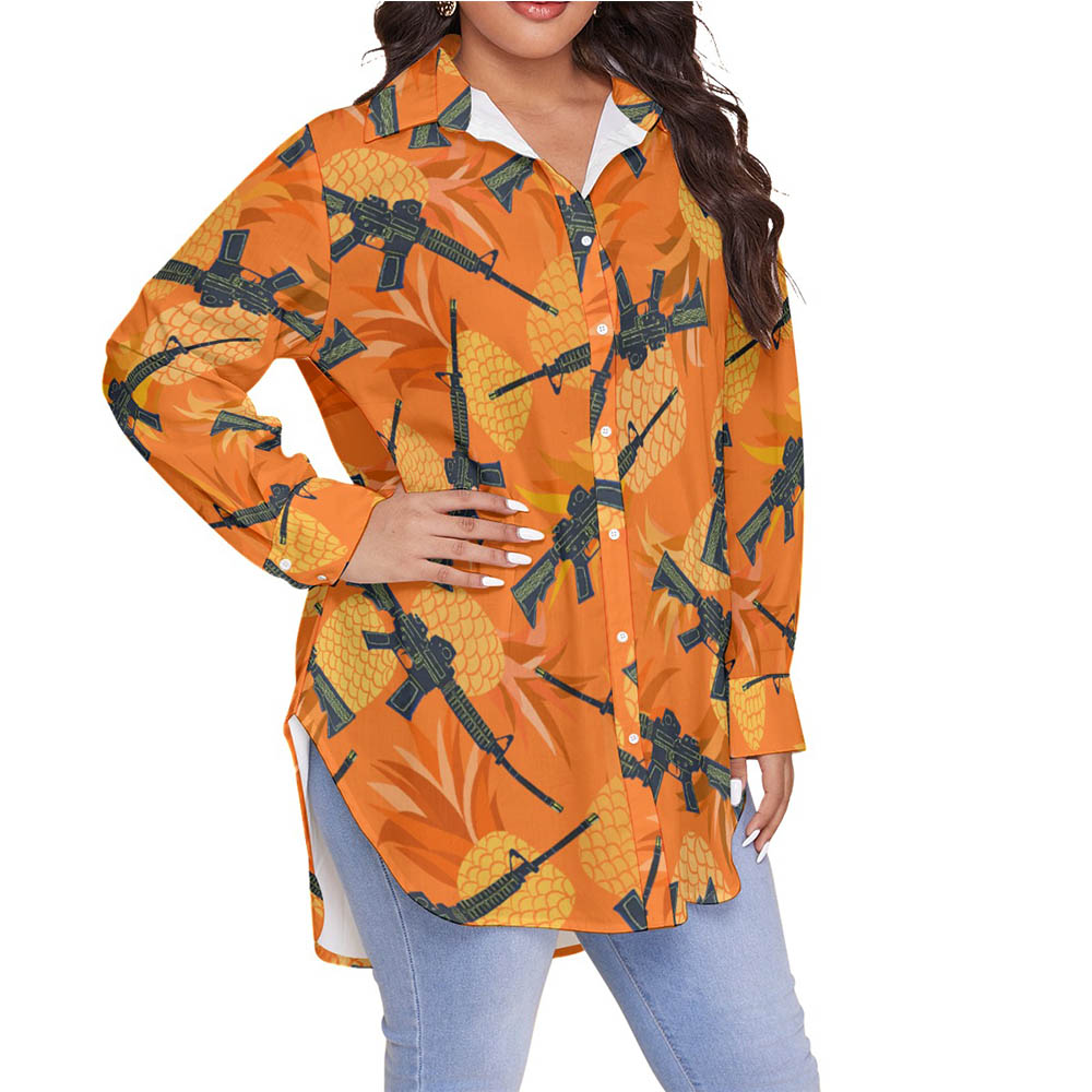 Orange Pineapple Tactical Gun Plus Size Aloha Shirt For Women