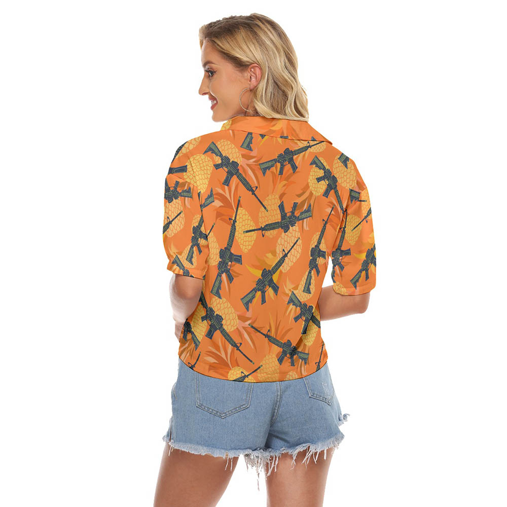 Cool Tactical Gun Pineapple Orange Women's Hawaiian Cropped Shirt