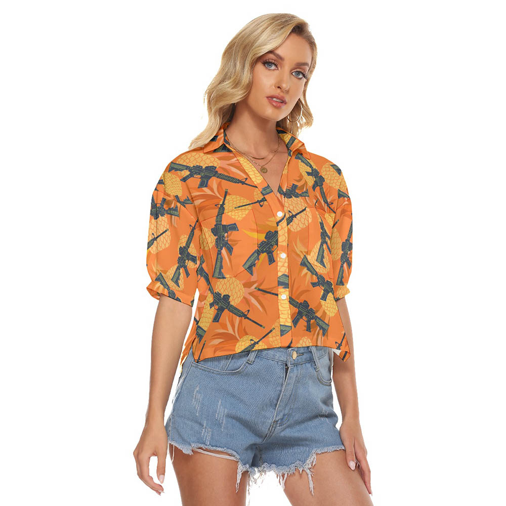 Cool Tactical Gun Pineapple Orange Women's Hawaiian Cropped Shirt