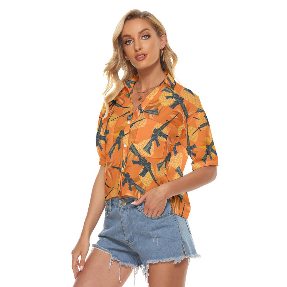Cool Tactical Gun Pineapple Orange Women's Hawaiian Cropped Shirt