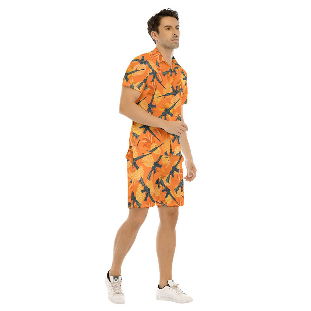 Set Tactical Gun Pineapple Orange Hawaiian Shirt And Shorts For Men
