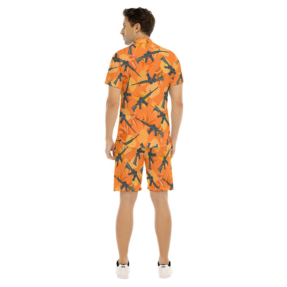 Set Tactical Gun Pineapple Orange Hawaiian Shirt And Shorts For Men