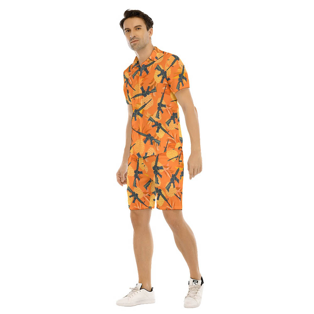 Set Tactical Gun Pineapple Orange Hawaiian Shirt And Shorts For Men