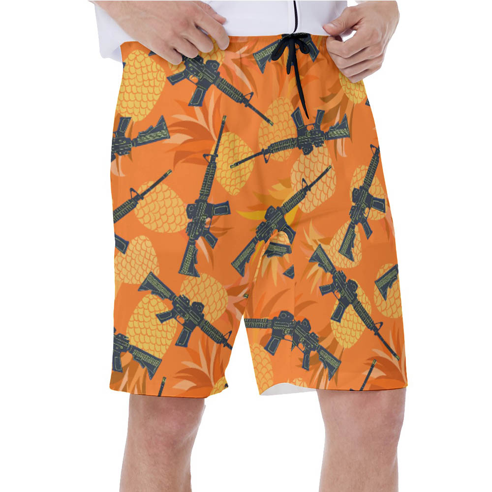 Cool Tactical Gun Pineapple Orange Hawaiian Swim Trunks For Men
