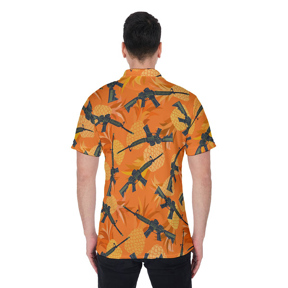 Cool Tactical Gun Pineapple Orange Men's Hawaiian Polo Golf Shirt