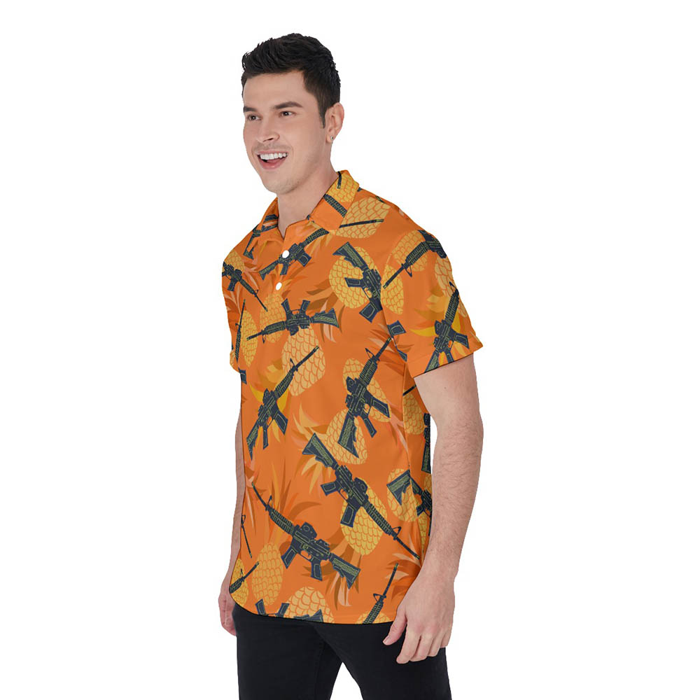 Cool Tactical Gun Pineapple Orange Men's Hawaiian Polo Golf Shirt