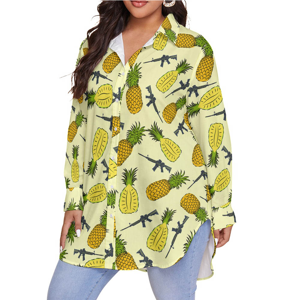 Cool Tactical Gun Pineapple Hawaiian Long Sleeve Plus Size Shirt For Women