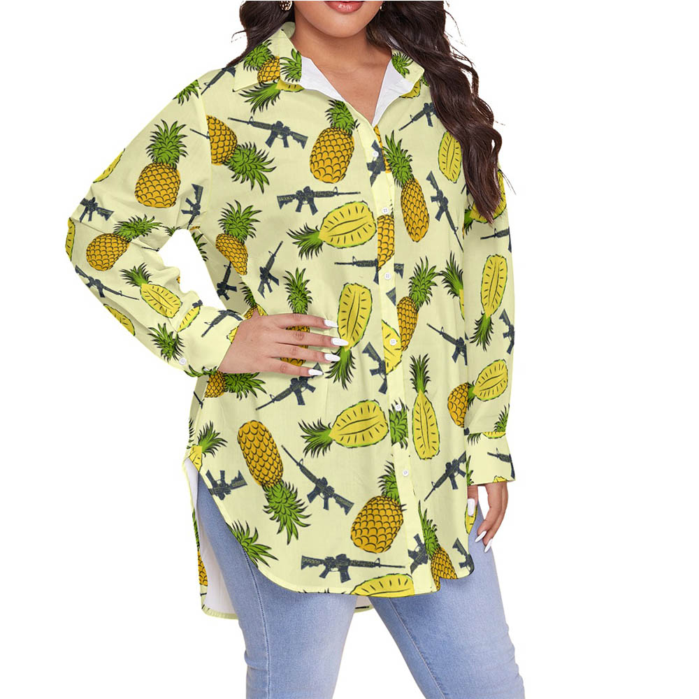Cool Tactical Gun Pineapple Hawaiian Long Sleeve Plus Size Shirt For Women