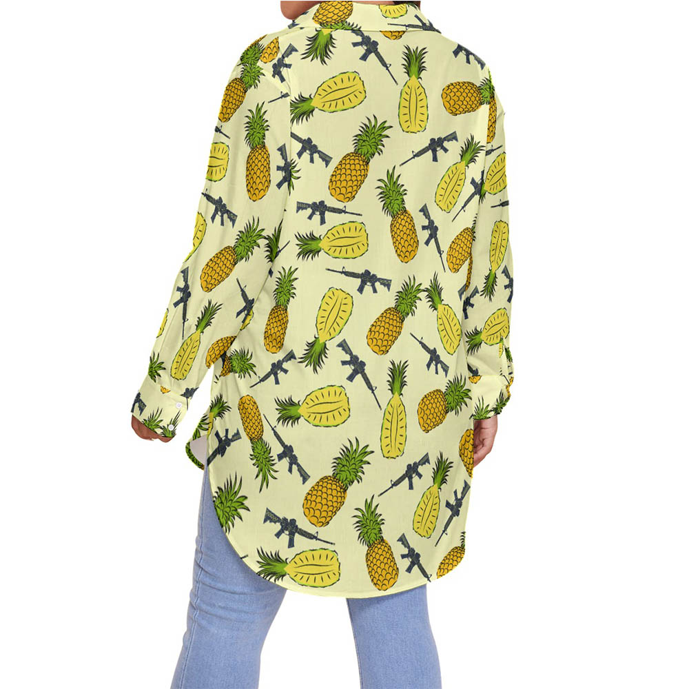 Cool Tactical Gun Pineapple Hawaiian Long Sleeve Plus Size Shirt For Women
