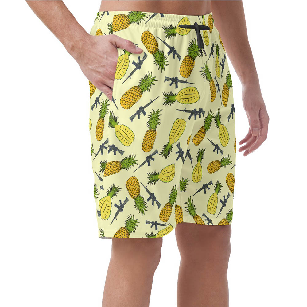 Yellow Pineapple Tactical Gun Hawaiian Beach Shorts For Men