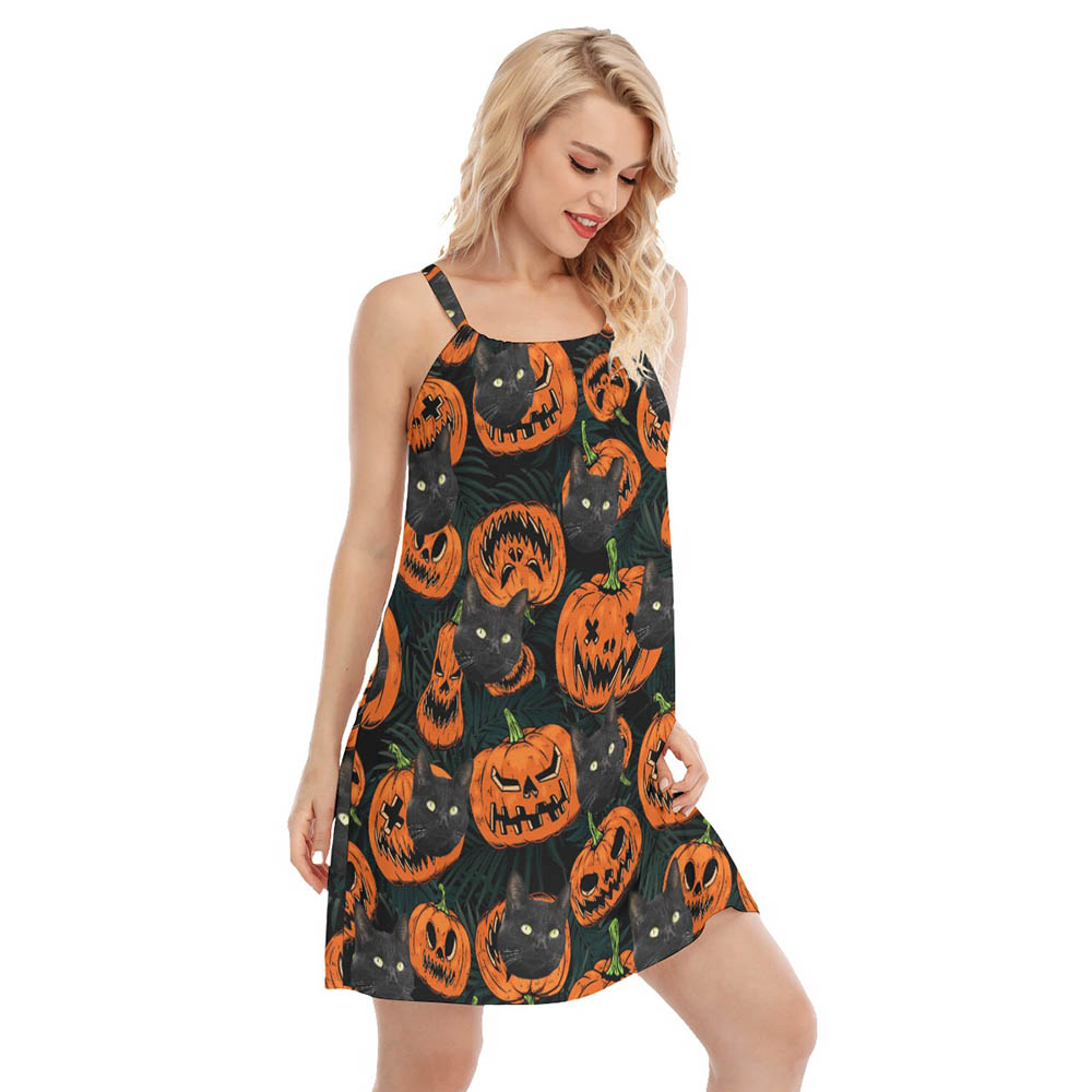 Custom Cat Face Halloween Scary Pumpkin Women's Dresses