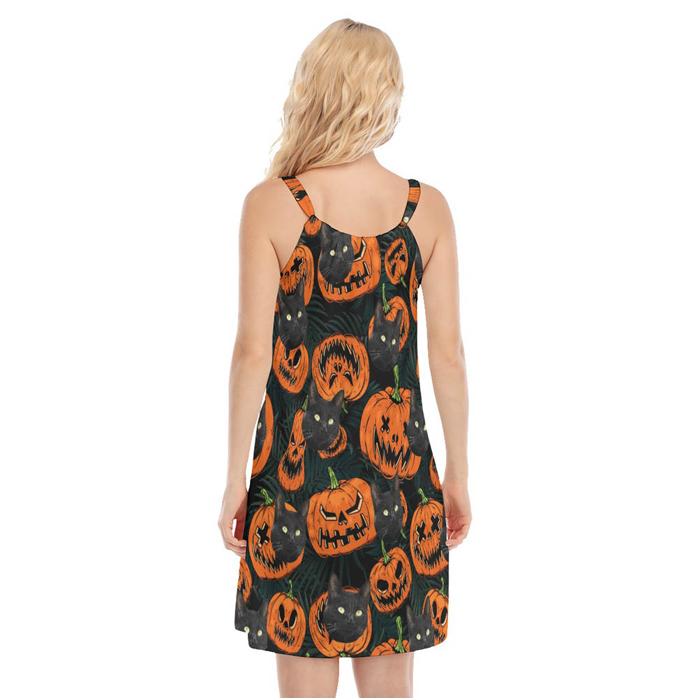 Custom Cat Face Halloween Scary Pumpkin Women's Dresses