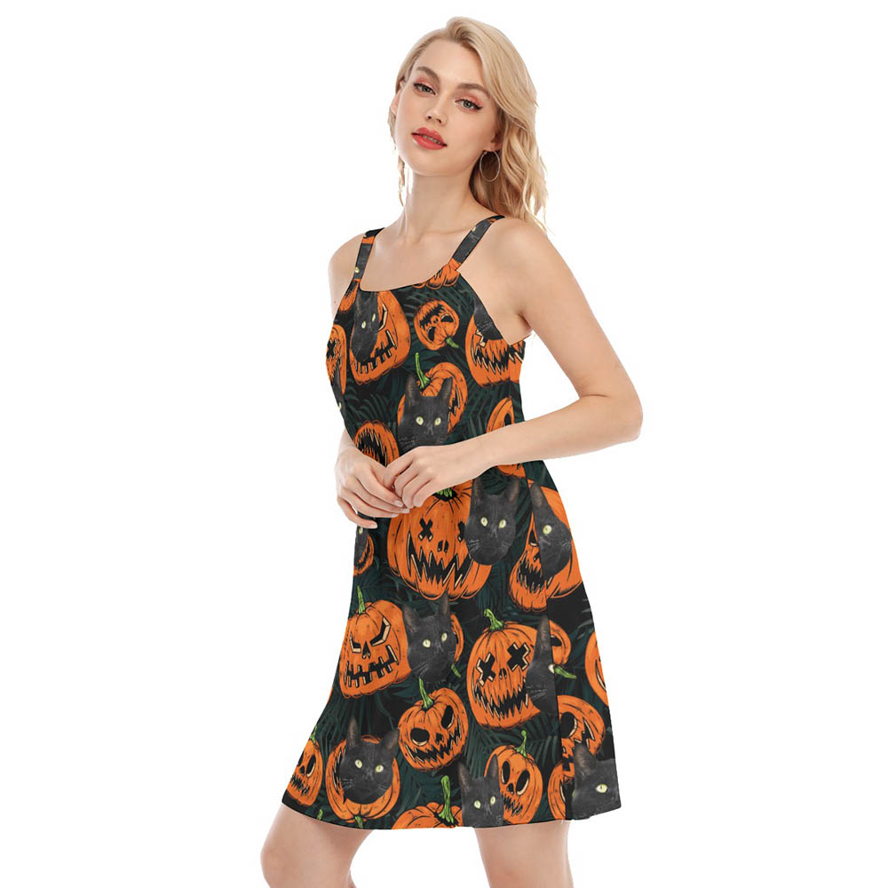 Custom Cat Face Halloween Scary Pumpkin Women's Dresses