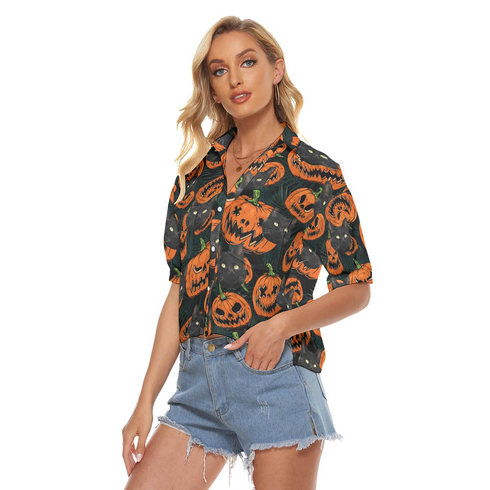 Halloween Pumpkin Custom Cat Face Hawaiian Cropped Shirt For Women