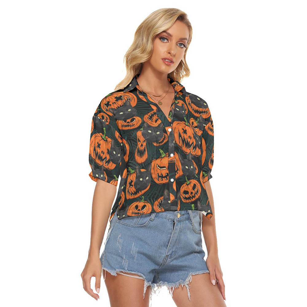 Halloween Pumpkin Custom Cat Face Hawaiian Cropped Shirt For Women