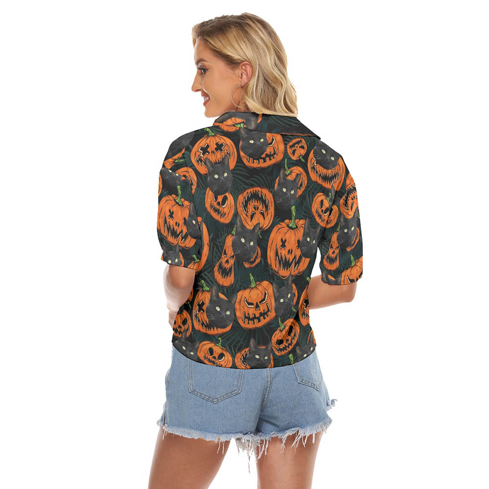 Halloween Pumpkin Custom Cat Face Hawaiian Cropped Shirt For Women