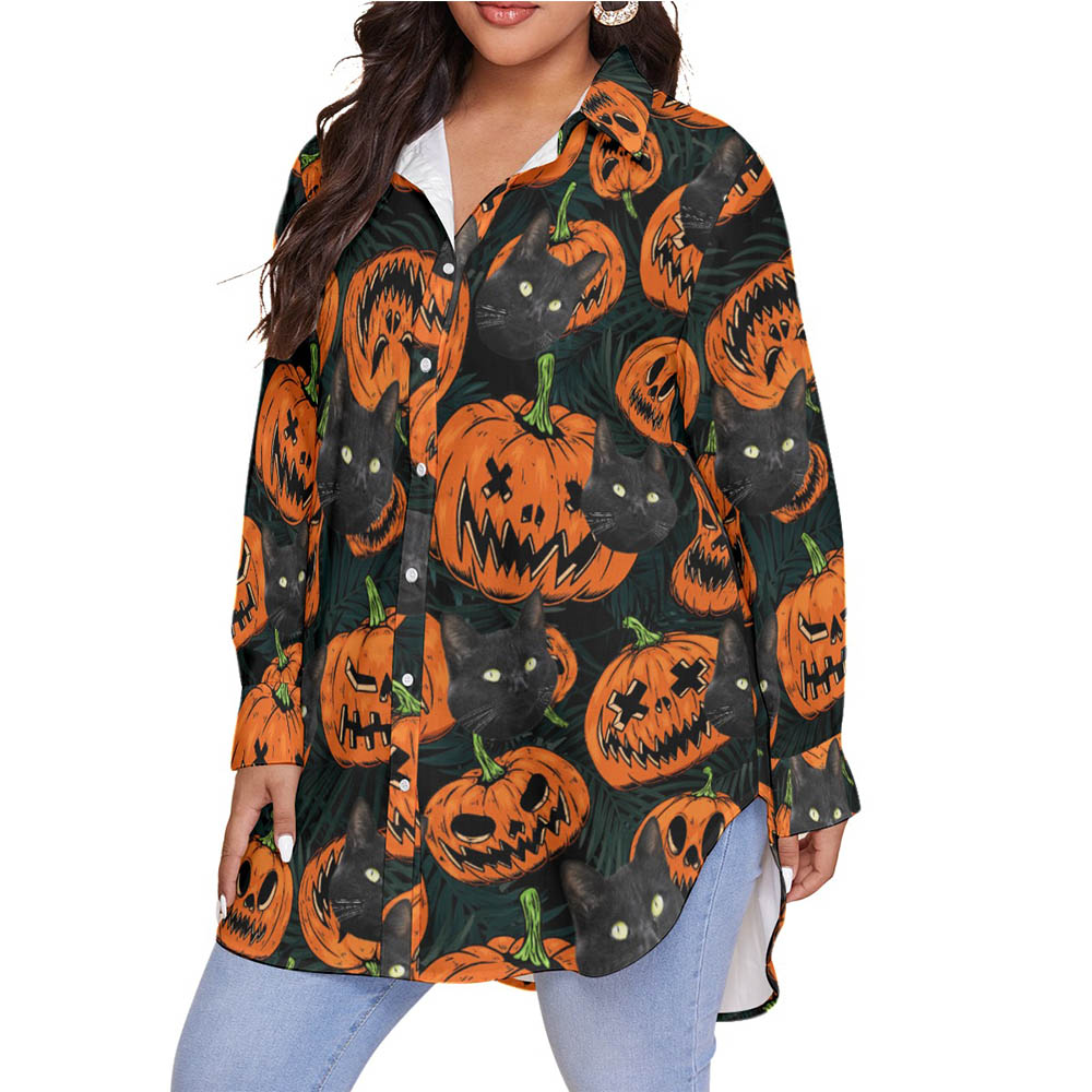 Custom Cat Face Spooky Halloween Hawaiian Long Sleeve Blouse Shirt For Women
