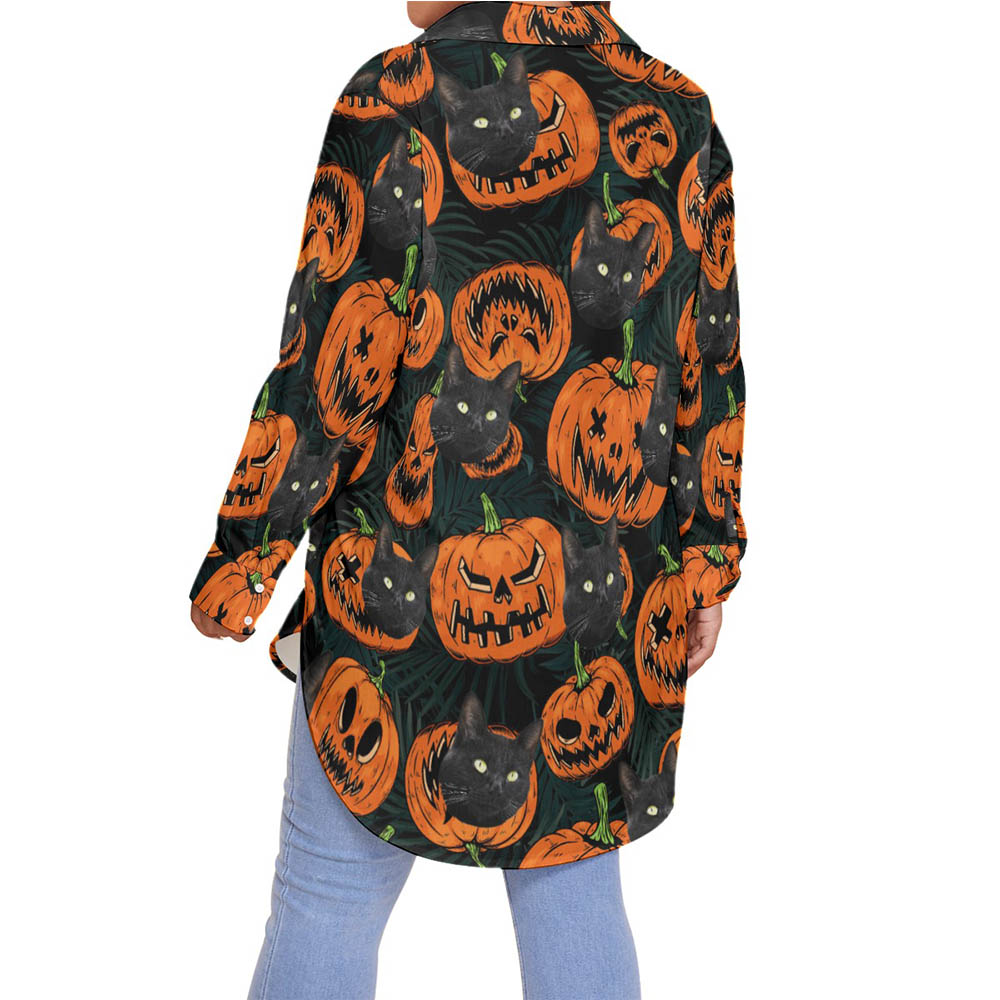 Custom Cat Face Spooky Halloween Hawaiian Long Sleeve Blouse Shirt For Women