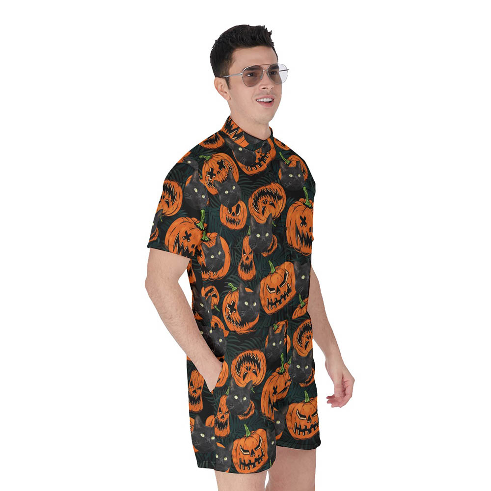 Halloween Pumpkin Hawaiian Romper With Cat Face