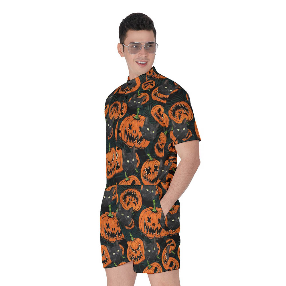 Halloween Pumpkin Hawaiian Romper With Cat Face