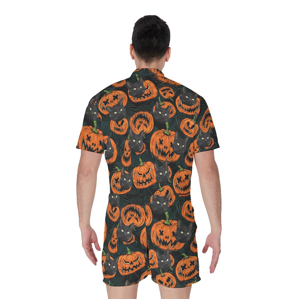 Halloween Pumpkin Hawaiian Romper With Cat Face