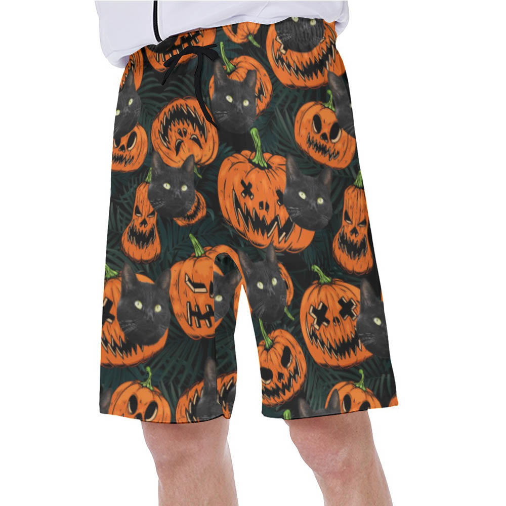 Funny Custom Cat Face Halloween Pumpkin Hawaiian Swim Trunks For Men