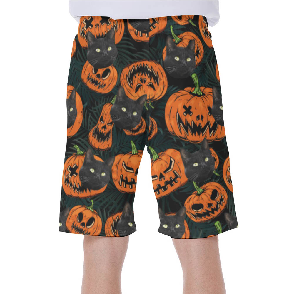 Funny Custom Cat Face Halloween Pumpkin Hawaiian Swim Trunks For Men