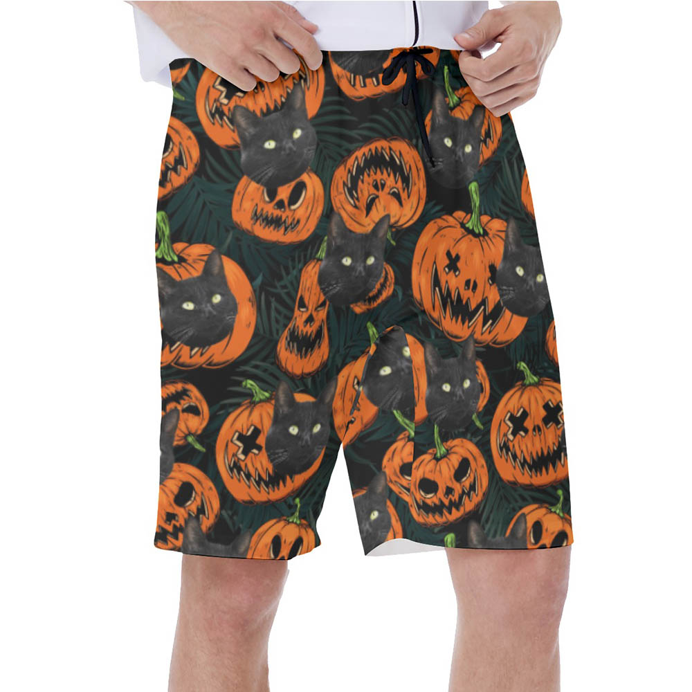Funny Custom Cat Face Halloween Pumpkin Hawaiian Swim Trunks For Men