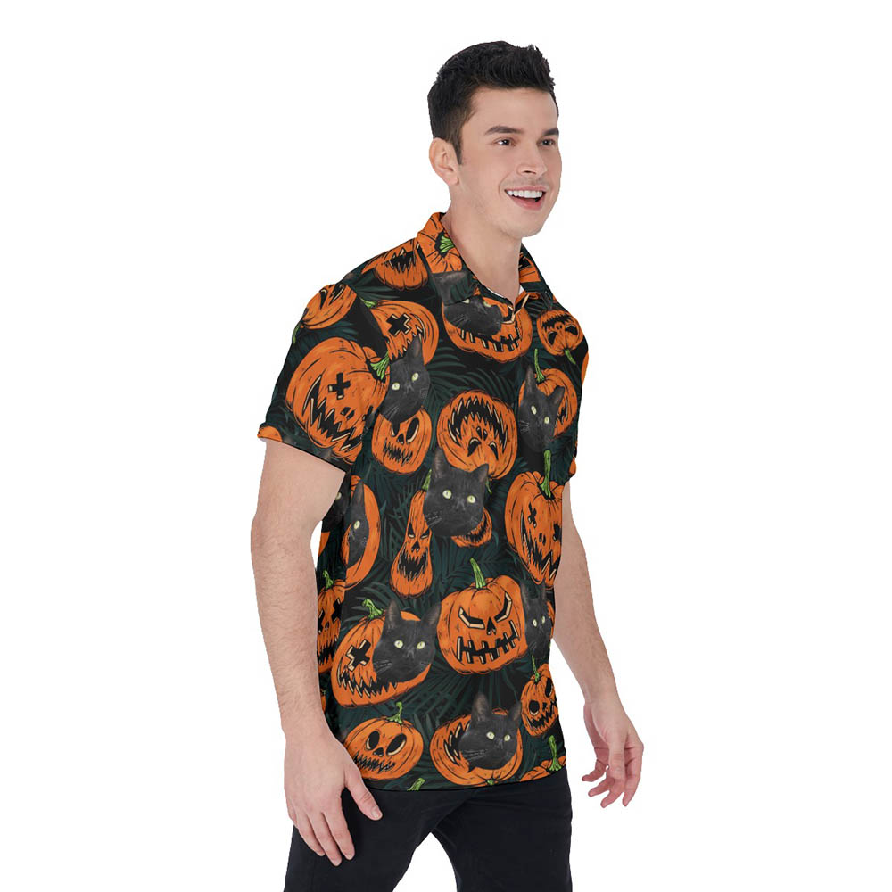 Funny Custom Cat Face Halloween Hawaiian Polo Shirt For Men