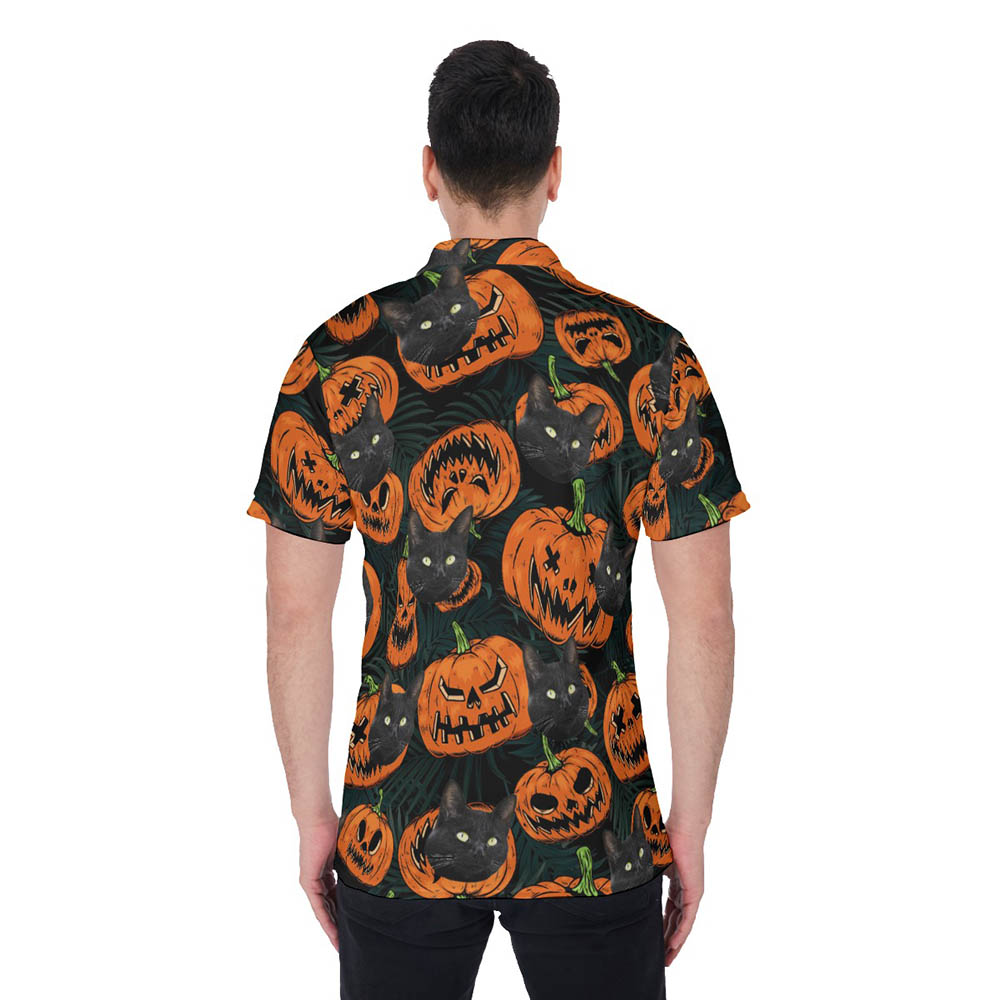 Funny Custom Cat Face Halloween Hawaiian Polo Shirt For Men