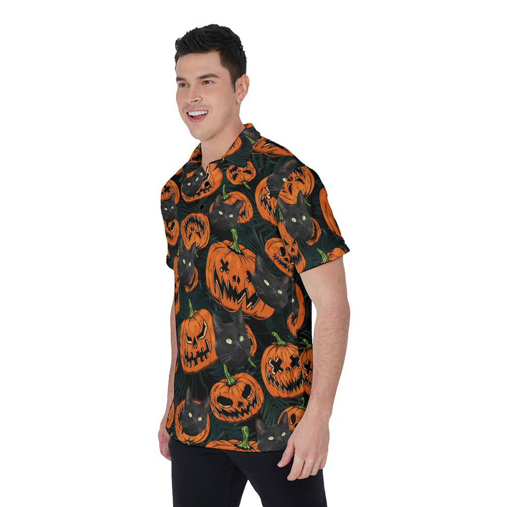 Funny Custom Cat Face Halloween Hawaiian Polo Shirt For Men
