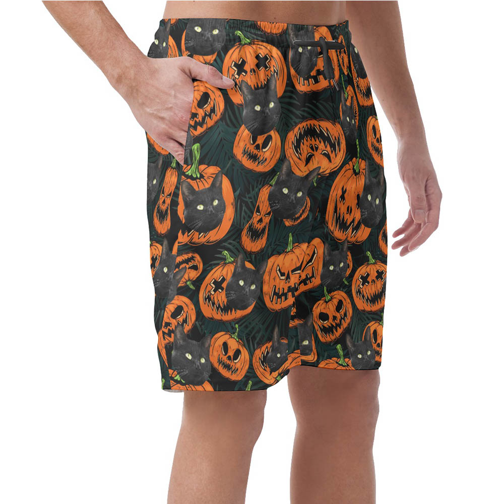 Custom Pet Face Halloween Pumpkin Hawaiian Beach Shorts For Men