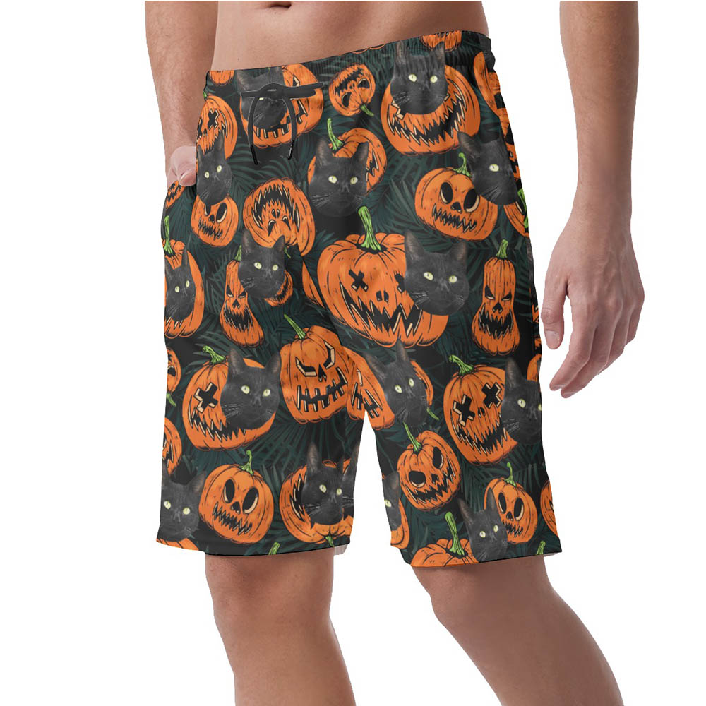 Custom Pet Face Halloween Pumpkin Hawaiian Beach Shorts For Men