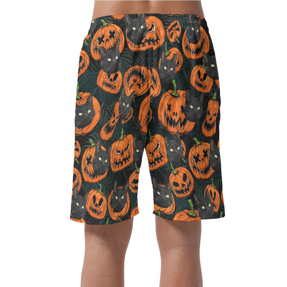 Custom Pet Face Halloween Pumpkin Hawaiian Beach Shorts For Men