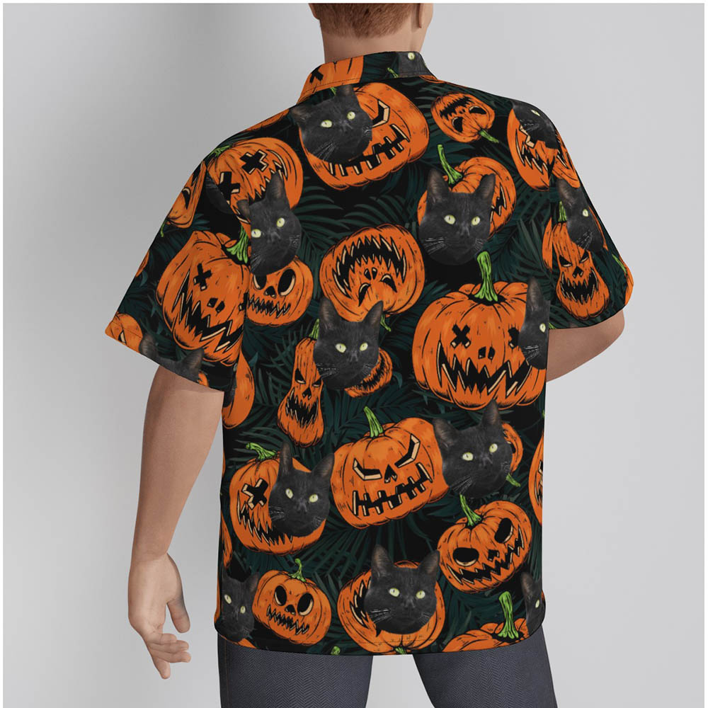 Custom Halloween Pumpkin Hawaiian Shirt With Cat Face