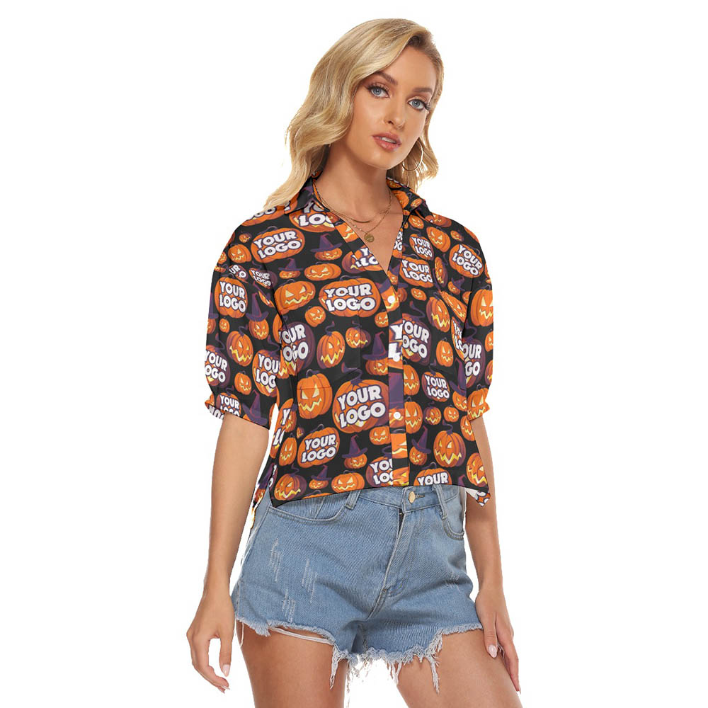 Funny Custom Face Halloween Scary Pumpkin Hawaiian Crop Top Shirt For Women