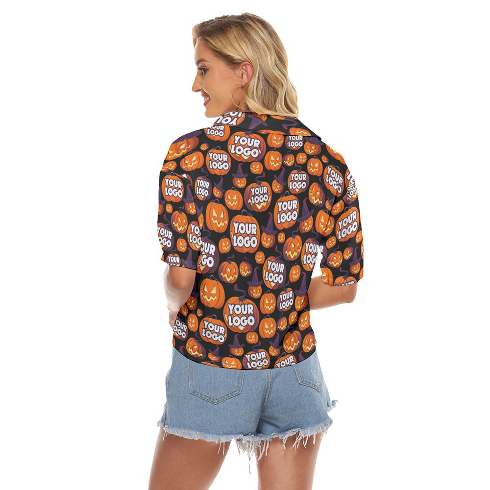 Funny Custom Face Halloween Scary Pumpkin Hawaiian Crop Top Shirt For Women