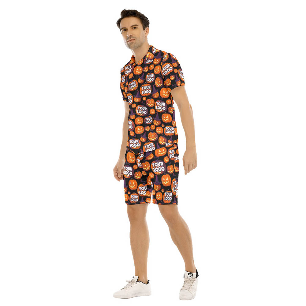 Set Scary Halloween Pumpkin Custom Logo Hawaiian Shirt And Shorts For Men