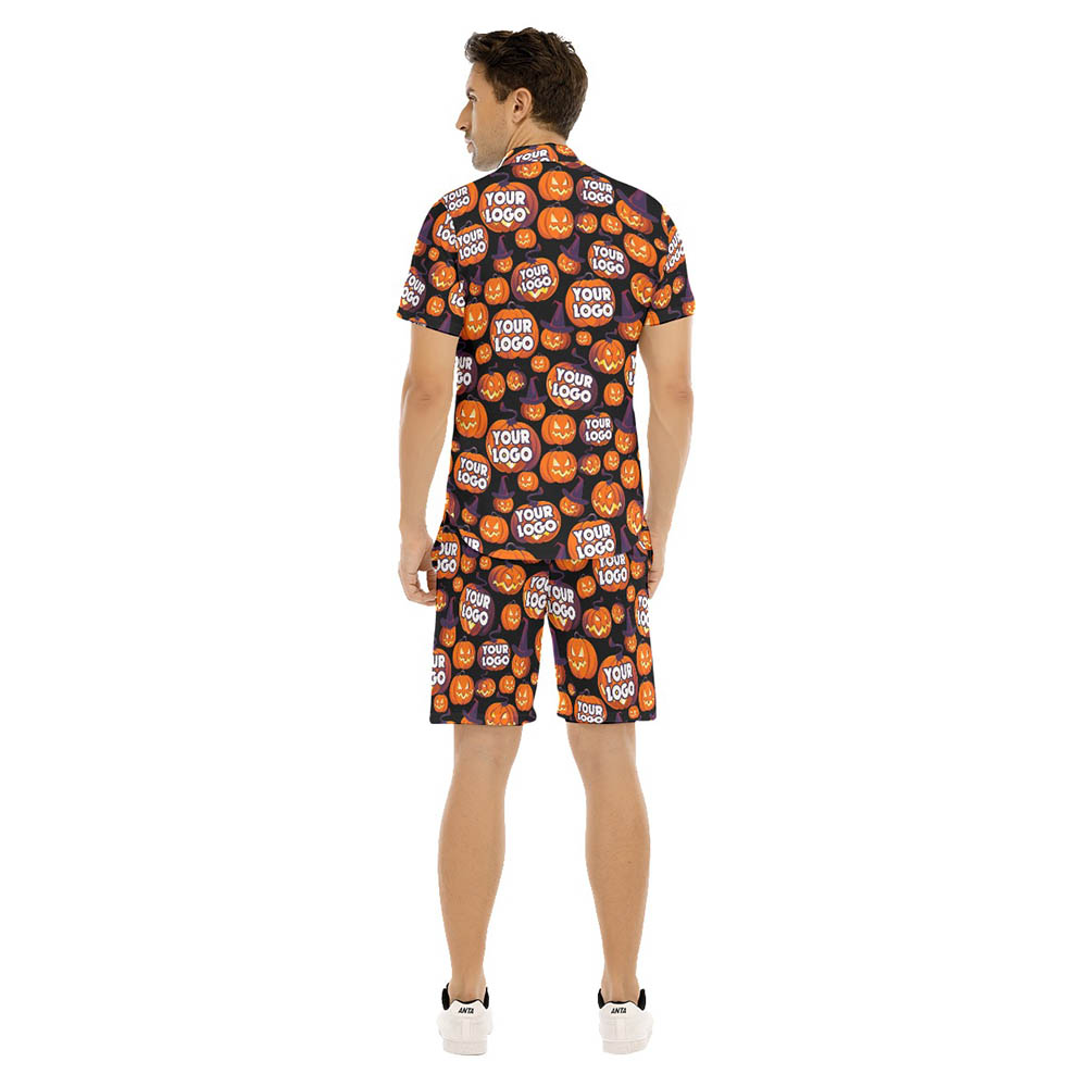Set Scary Halloween Pumpkin Custom Logo Hawaiian Shirt And Shorts For Men