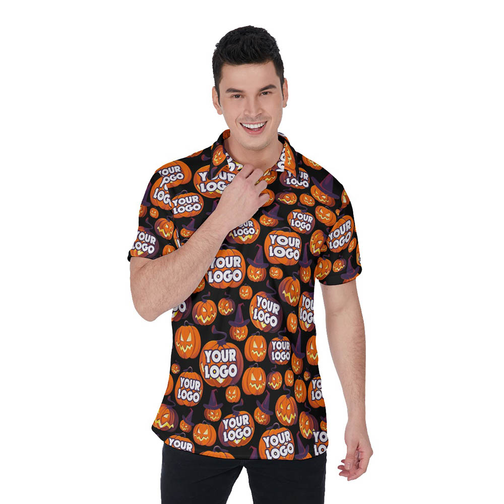 Scary Pumpkin Halloween Custom Logo Hawaiian Men's Polo Shirt - variant image 1