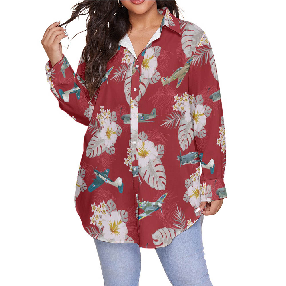 Floral Aircraft Red Hawaiian Plus Size Shirt For Women - variant image 1