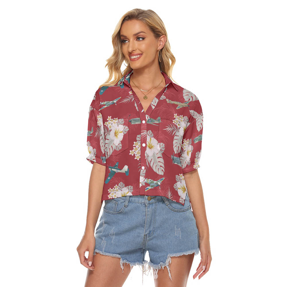 Floral Aircraft Hawaiian Cropped Shirt For Women - variant image 1