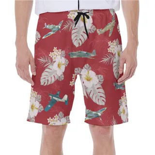 Tropical Aircraft Red Hawaiian Swim Trunks For Men