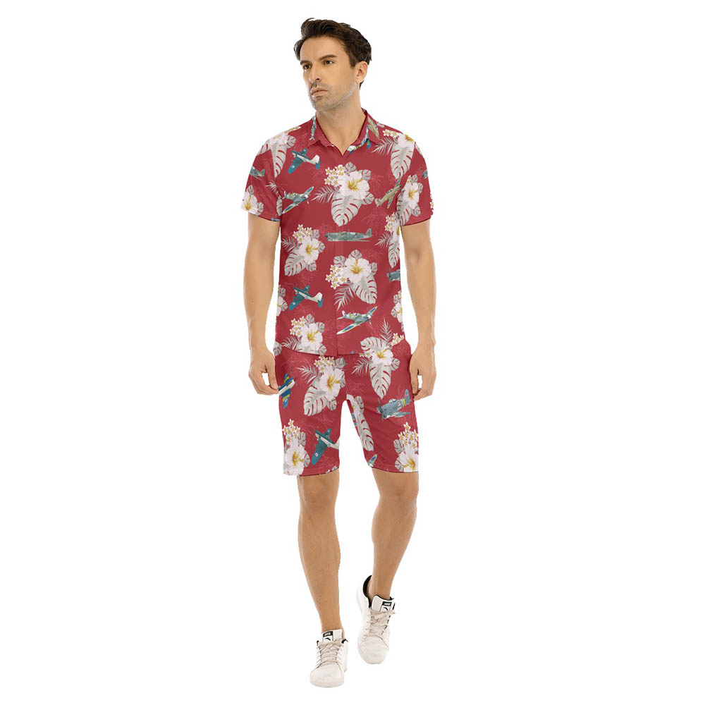 Set Floral Aircraft Hawaiian Shirt And Shorts For Men - variant image 1